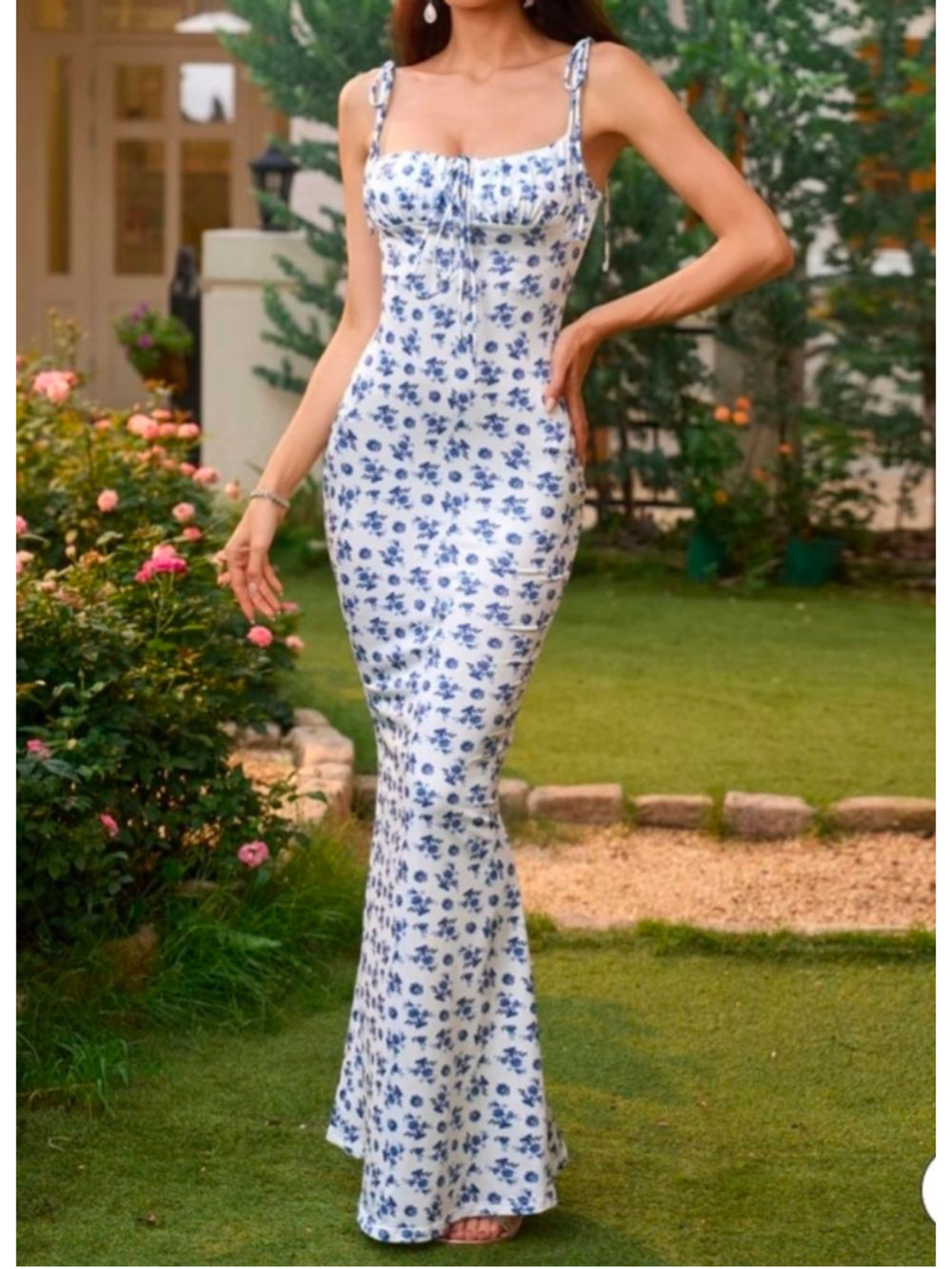 Parthea Tie Shoulder Fishtail Hem Floral Print maxi Dress